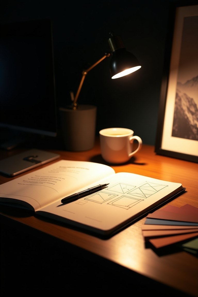 A website wireframe sketched in a notebook beside color swatches on a designer's desk