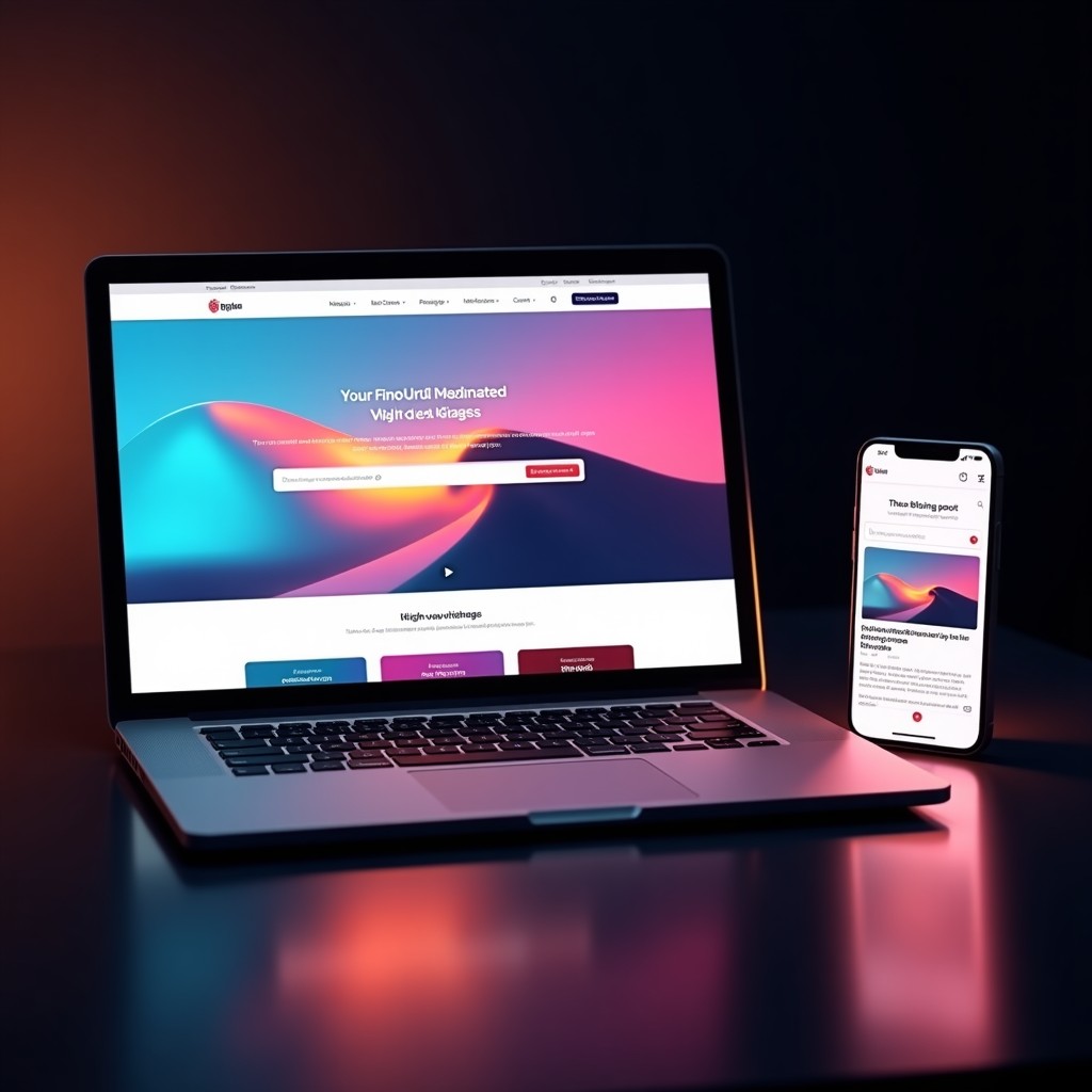 A laptop displaying a glowing modern website